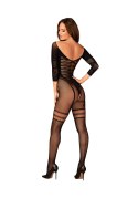 Czarne, geometryczne bodystocking G329 XL/XXL. Kuszący i przykuwający uwagę dekolt.