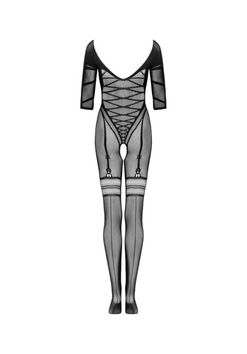 Czarne, geometryczne bodystocking G329 XL/XXL. Kuszący i przykuwający uwagę dekolt.