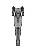 Czarne, geometryczne bodystocking G329 XL/XXL. Kuszący i przykuwający uwagę dekolt.