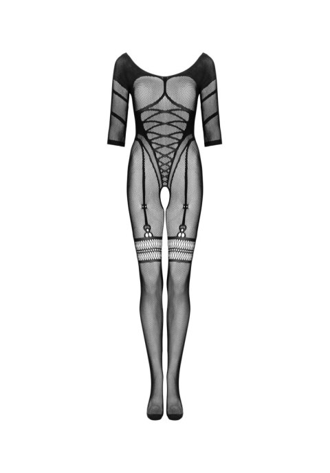 Czarne, geometryczne bodystocking G329 XL/XXL. Kuszący i przykuwający uwagę dekolt.